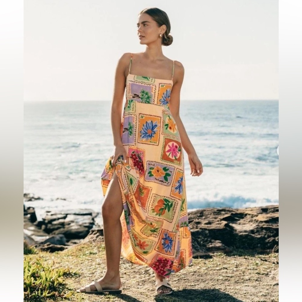 Paper Heart Anthropologie Linen Blend Floral Post Card Maxi Dress - Picture 2 of 9